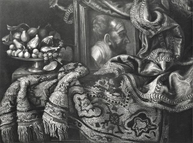 Anonimo — Fieravino Francesco (il Maltese) - sec. XVII - Natura morta con tappeto, tenda, alzata di frutta e ritratto di vecchio — insieme